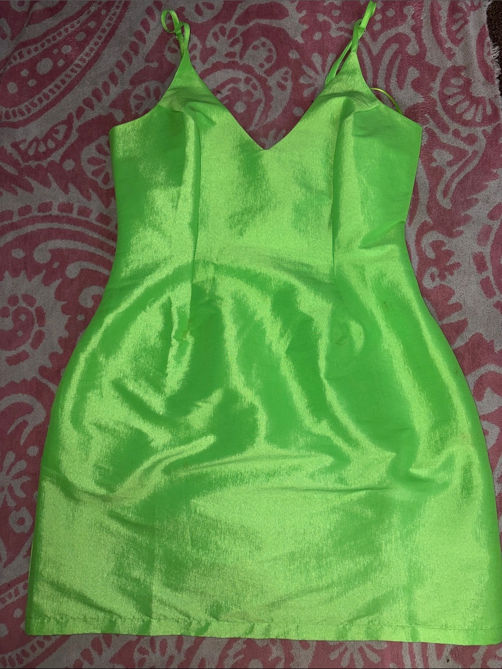Fashion Nova Neon Lime Satin V-Neck Spaghetti Strap Mini Dress